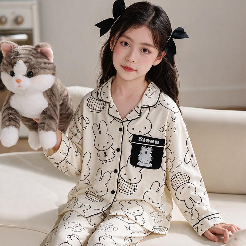 Girls Cotton Pajama Set Long Sleeve 2026 Cartoon Print Home Wear Ages 8 Comfortable Sleepwear