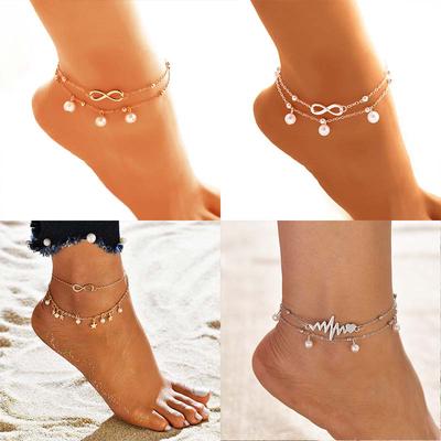 Punk Anklet Jewelry Multilayer Gold Plated Foot Chain Alloy Inlaid Artificial Diamond Anklets 2pcs for Women Girls