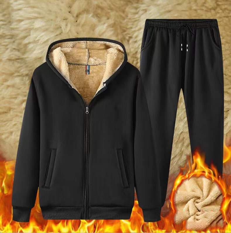 Sportovní oblek Lamb Fleece Pánský zimní volný, velká velikost plus sametově silný teplý svetr s kapucí a ležérní kalhoty