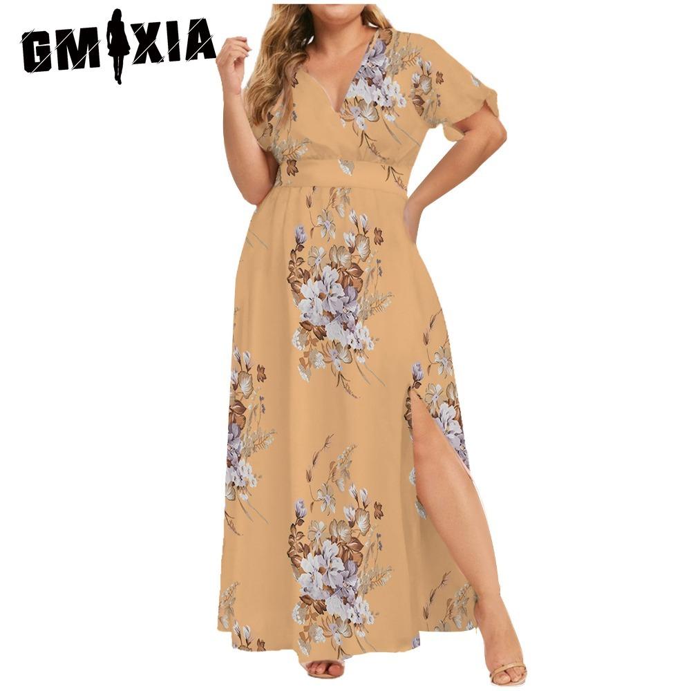 GMXIA L-5XL Women's Fashion Summer Spring Short Sleeve V-Neck Casual Dresses