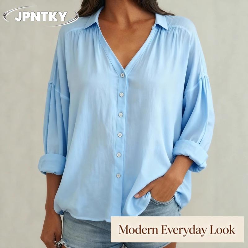JPNTKY Women's Fashion Casual Solid Color Print Long Sleeve V Neck Blouses & Shirts
