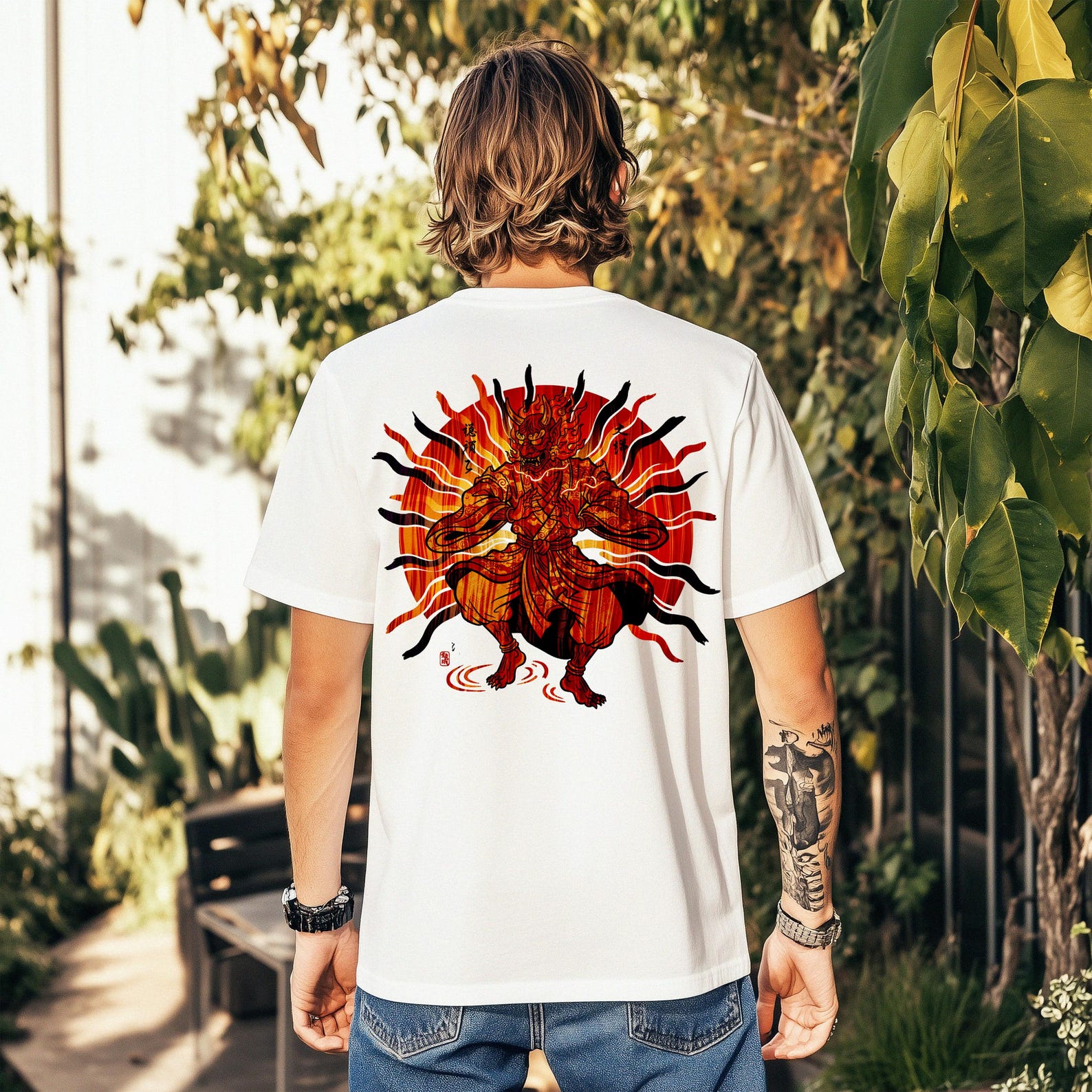 Sunlight Demon Oni Back Print T-Shirt | Retro Japanese Flaming Demon Warrior Streetwear M