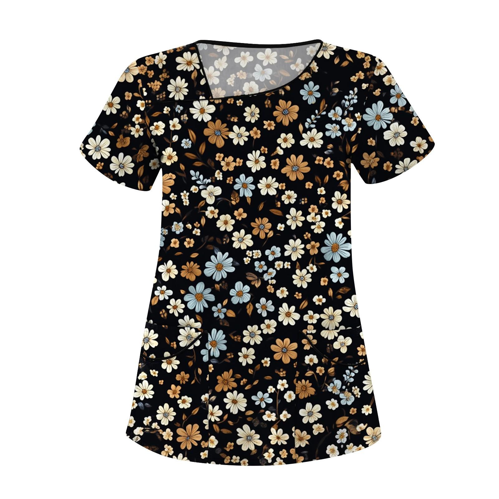 

Women s Printed Work Clothes, Sloping Collar And Double Layer Pockets, Basic Top Pullover S