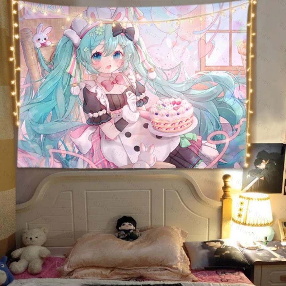Anime Blue Hair Girl Tapestry Cute Japanese Cartoon Wall Hanging Aesthetic Room Decor for Bedroom Living Room Dorm Tapestry 74x94cm(29x37in)