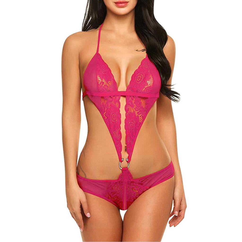 Lingerie Sexy en dentelle pour femmes, sous-vêtements une pièce à lacets, décolleté en V profond, dos ouvert
