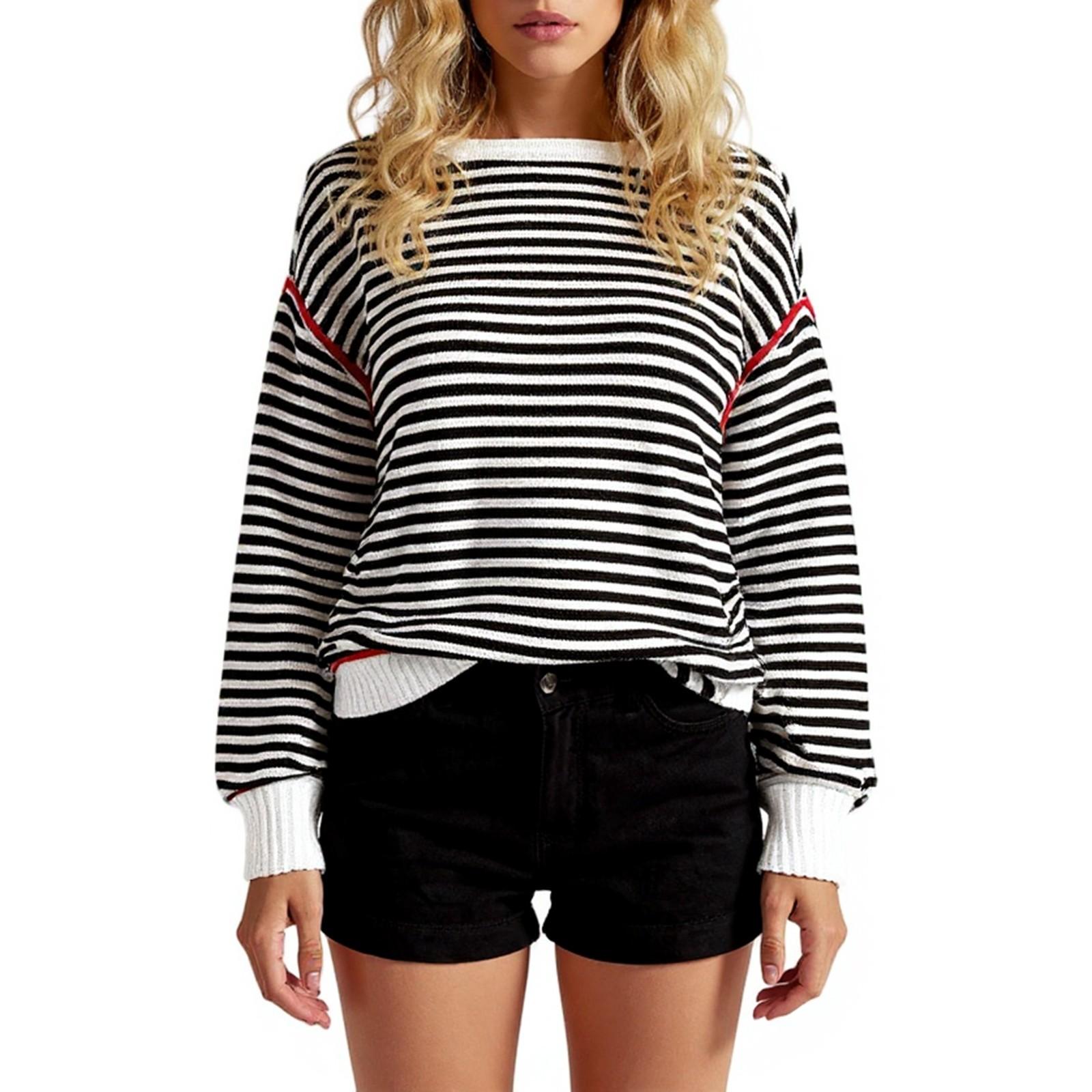 

Женский пуловер с длинными рукавами, в полоску, пэчворк, вязаный, с круглым вырезом M белый