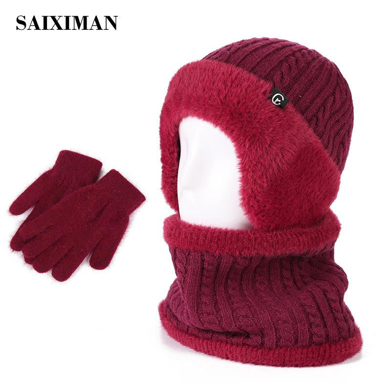 

Вязаная шапка зимняя шапка для пожилых женщин зимняя бархатная теплая шерстяная шапка мужская защита ушей шарф average size (hat only)