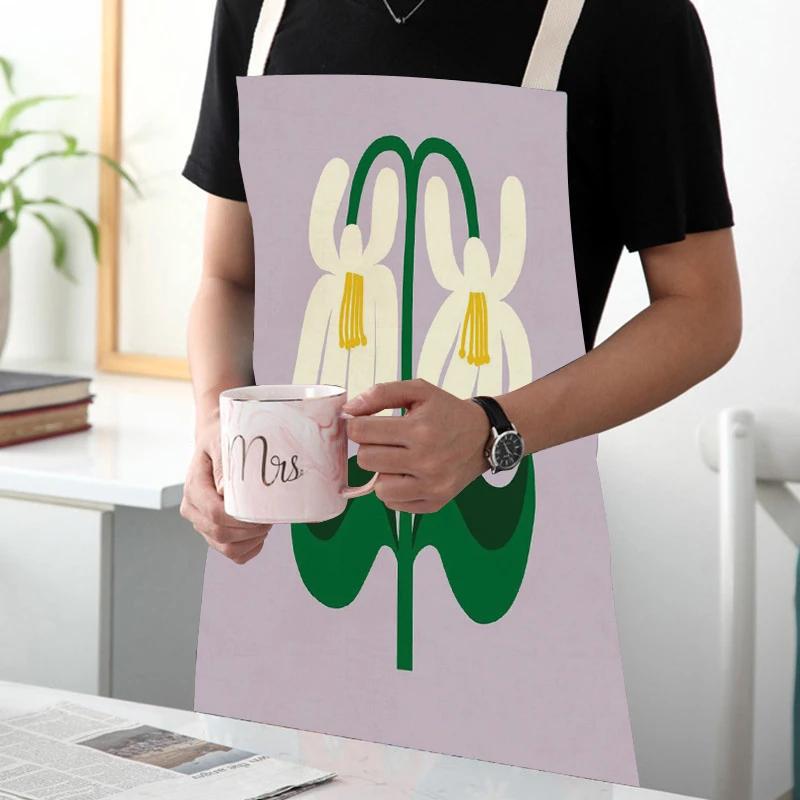 Adult Kids Flower Pattern Cleaning Kitchen Aprons Home Cooking Baking Linen Waist Bibs Vase Flower Art Antifouling Pinafore