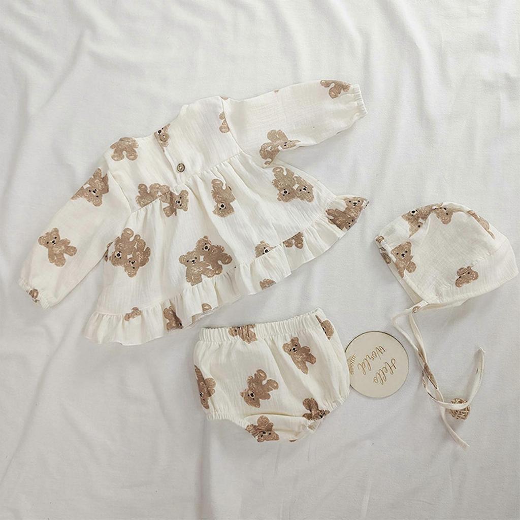 Infant Outfit Clothing Set 3-Pieces Suit 0-2Years Old Girls Dress Cap Shorts for Baby Girl Boy Organic Cotton Bear Print For 18 to 24M