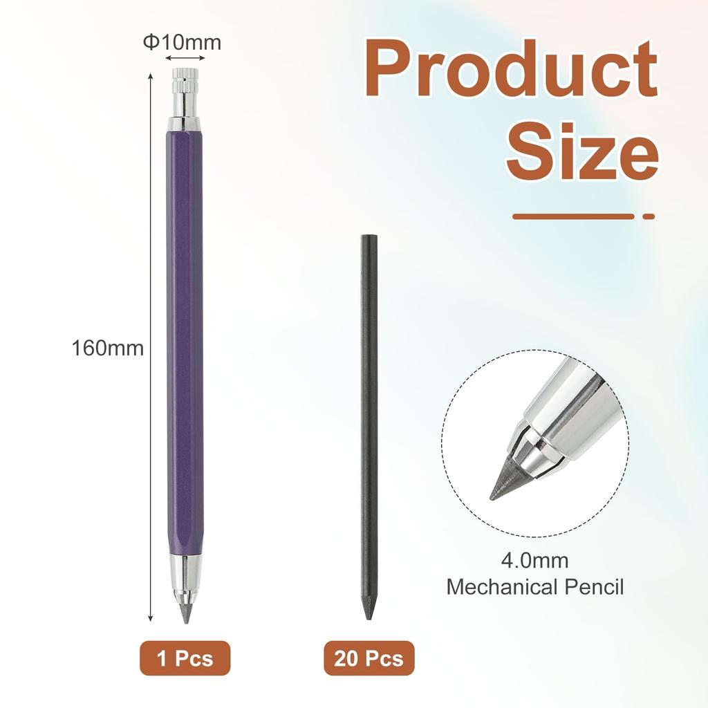 PATIKIL 4.0mm Mechanical Pencil Lead Holder, Large Automatic Holder with 20 2B Pencil Leads, for Drawing, Art, and Woodworking, Purple