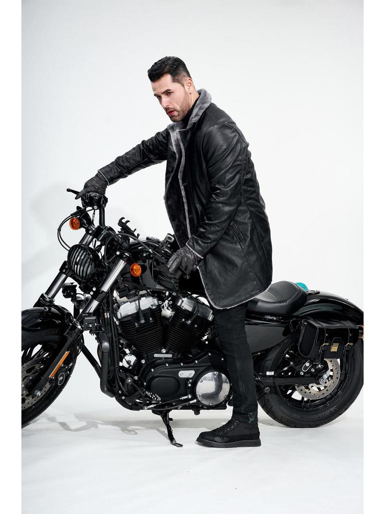 Men's European Mid-Length PU Leather Jacket, Large, Fleece-Lined for Autumn/Winter