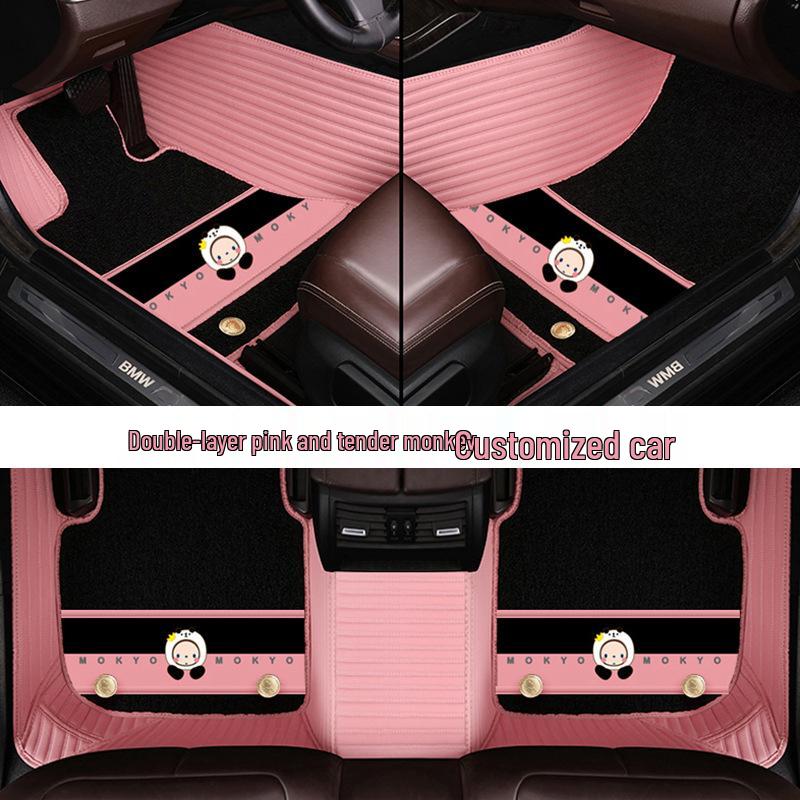 Custom Leather Car Floor Mats for Women - Cartoon Design, Double-Layer, Full Coverage