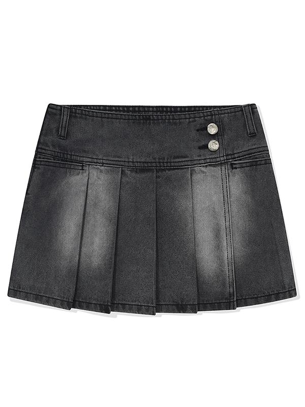 Kirsh Low-Waisted Asymmetrical Denim Pleated Mini Skirt [Gray]