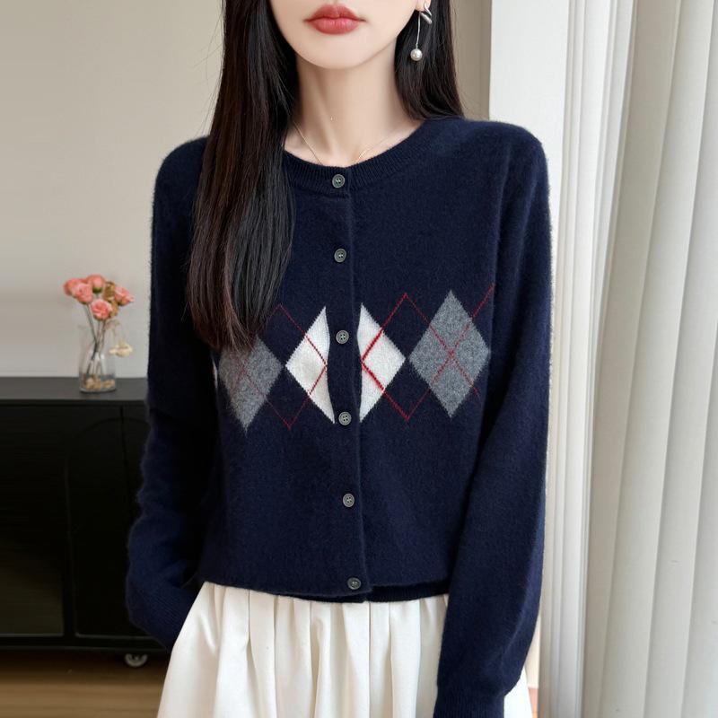 Autumn/Winter 100% Wool Diamond Jacquard College Style Cardigan for Women