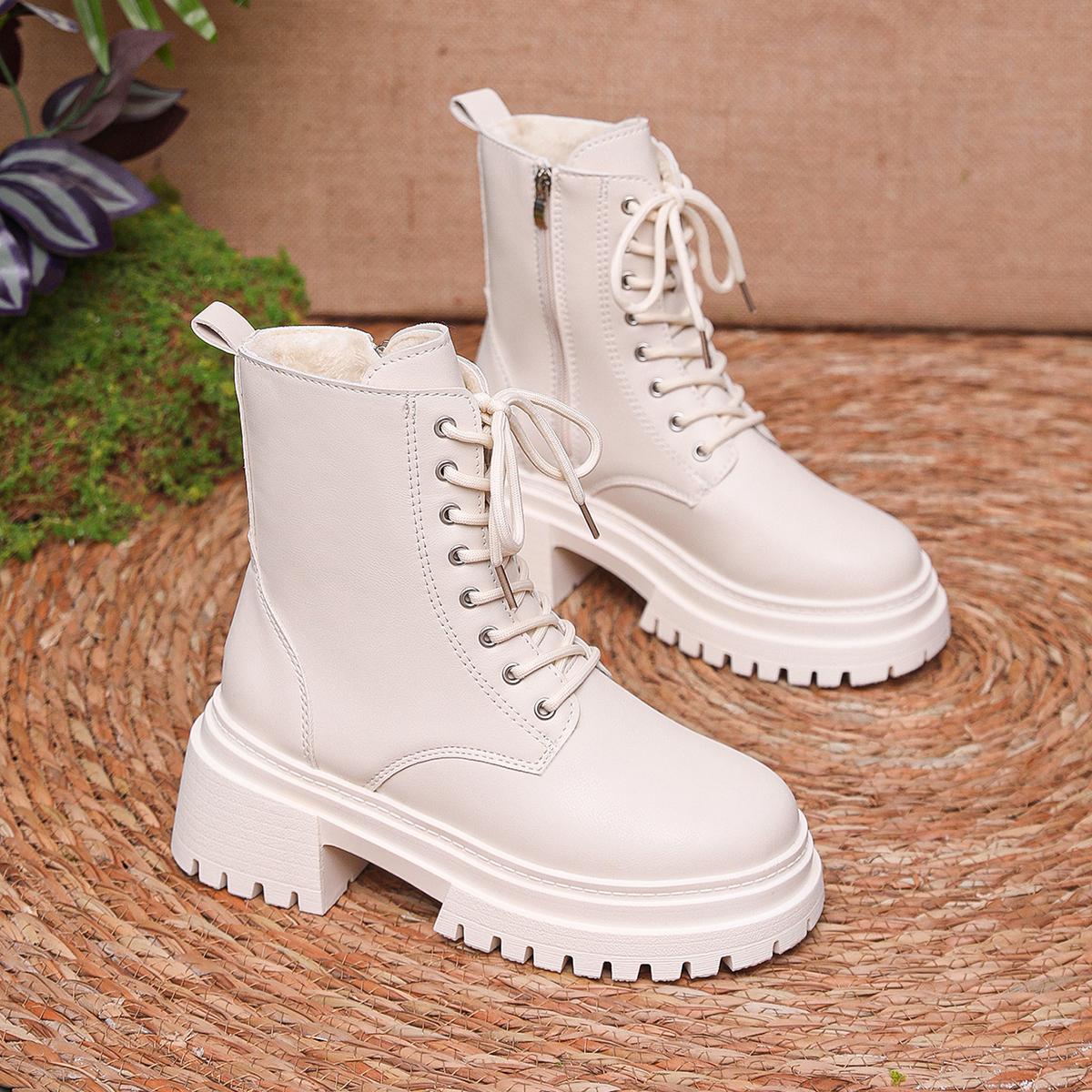 

Fashion Women s Winter Warm Plush Ankle Boots Fashion Chunky Heeled Platform Combat Boots for Women 2024 Non Slip Pu Leather Botas Mujer 35 бежевый