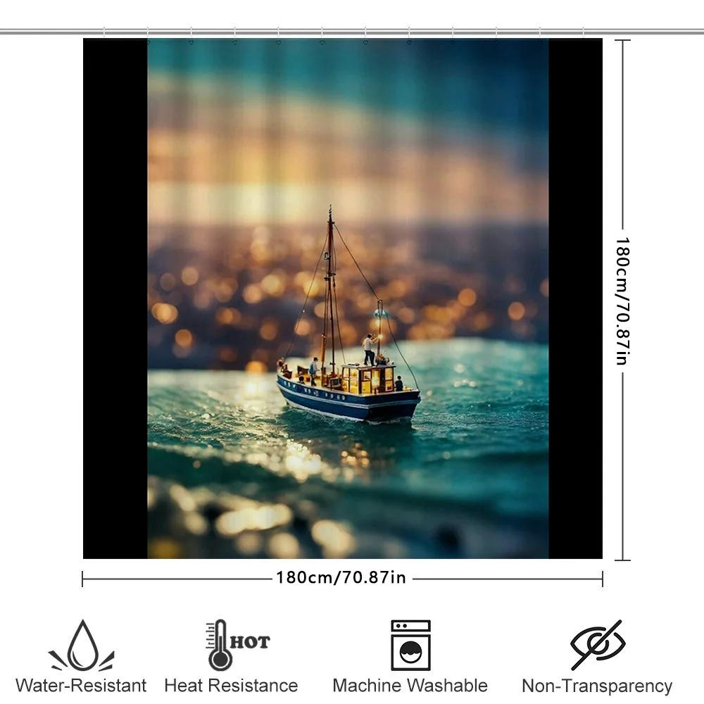Boat Shower Curtainsea Life Scene For Bathroom Decor Waterproof Print Blue Light At Night Black Rod Pocket Design