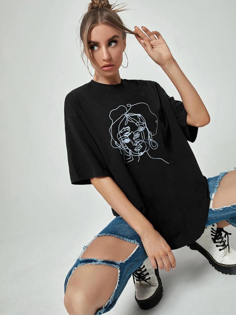 Women's Casual Black Round Neck Short Sleeve Print T-shirt