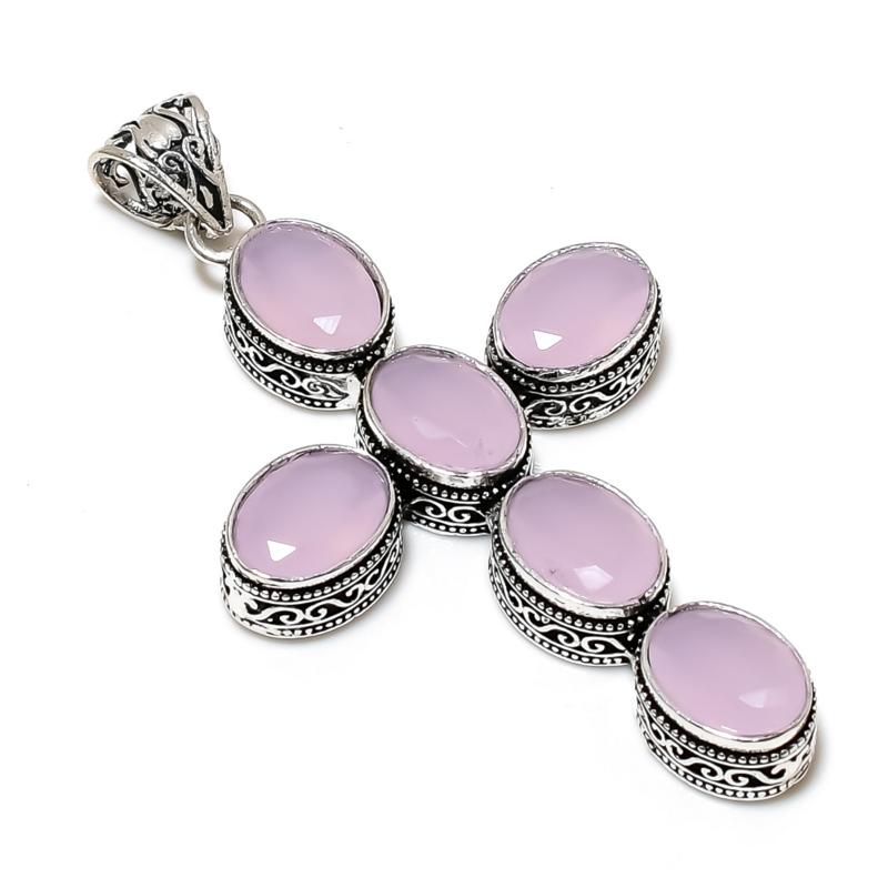 Pink Chalcedony Gemstone Pendant 925 Sterling Silver- Handmade Cross Design, Everyday Wear Jewelry, Unique Pink Chalcedony Pendant