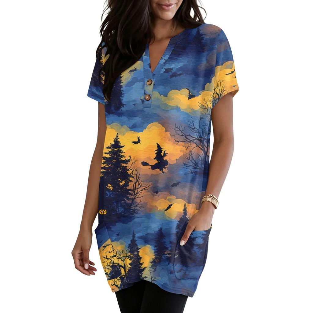 Women's V Neck Halloween Print Short Sleeve Pullover Dress with Pocket Casual Loose Fit Tunic Dress for Daily Wear