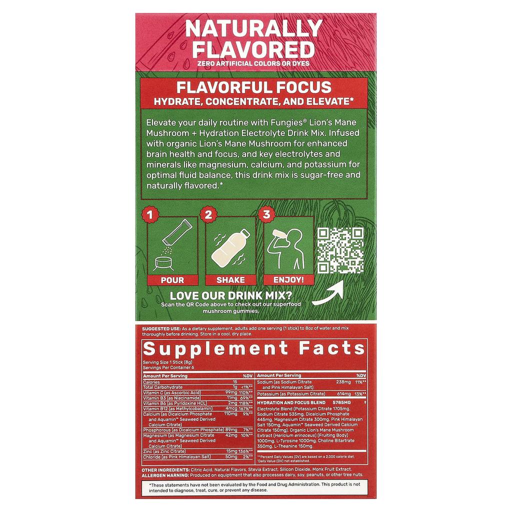 Fungies, Reishi Mushroom + Hydration, Electrolyte Drink Mix, Watermelon, 6 Stick Packs, 8g (0.28oz) Each