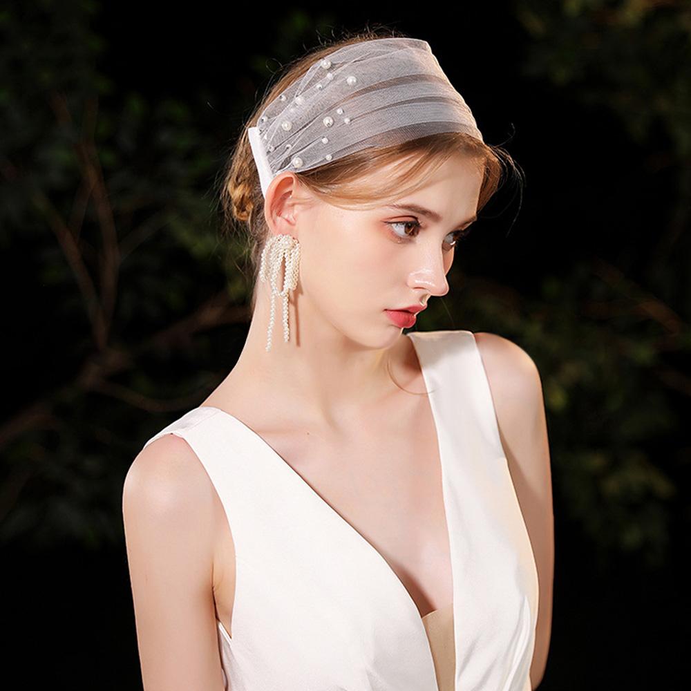Tulle Bow With Pearls Wedding Headdress White Bridal Veils  for Women's Wedding Veils