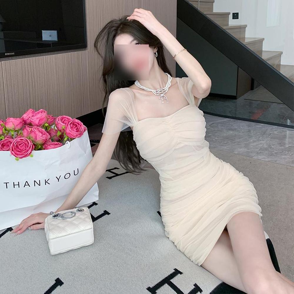 Design Sense Slim Hip Skirt Summer High Pure Desire Mesh Hollow Suspender Skirt Women's Chic Temperament Waist Dress