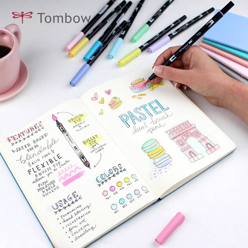 Zestaw markerów akwarelowych Tombow 10 szt. ABT Nylonowa miękka końcówka Podwójny pędzel, Nie przebija, Nietoksyczny, Bezpieczny, Podręcznik rysowania, Japońskie artykuły papiernicze