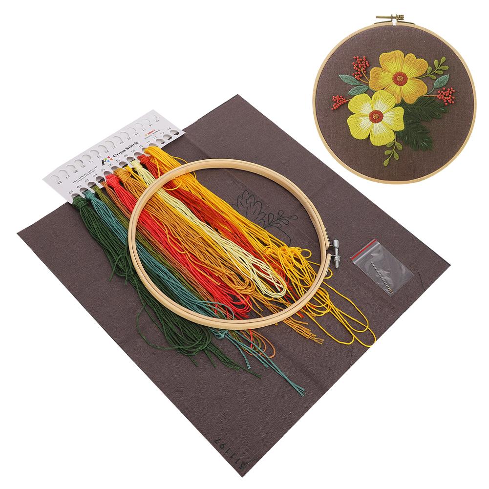DIY Embroidery Kit Flower Crossed Stitch Unfinished Handwork with 20cm Hoop Frame for Beginner Home DecorationType 4