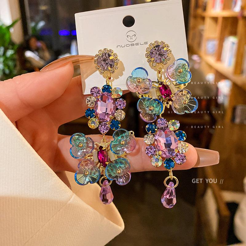 Silver Rhinestone Crystal Flower Asymmetric Earrings - Colorful Retro Court Style Studs for Women