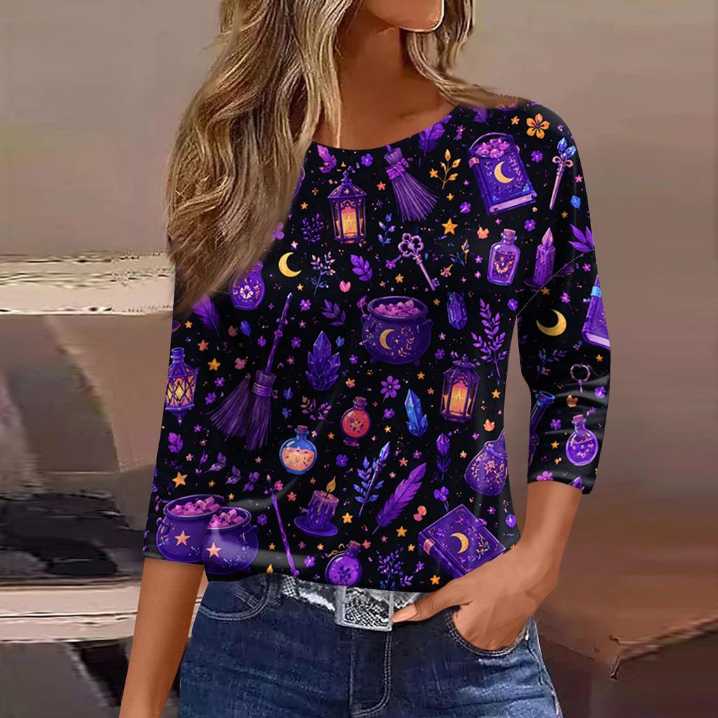 Women's Casual Three-Quarter Sleeve Round Neck Top with Halloween Print for Holiday Outfits