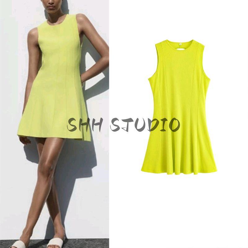 Summer New Product Women's Clothes Sexy Style Open Back Round Neck Sleeveless A- Line Wide Hem Knitting Short Sling Dress