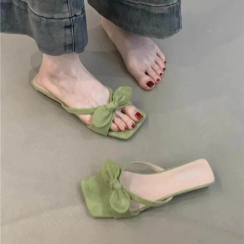Gentle Fairy Style Butterfly Knot Low Heel Sandals Women's Summer New Coarse Heel Match Skirts Outdoor Wear Polyurethane