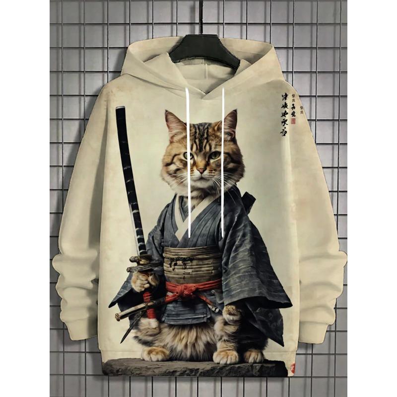 Japanese Samurai Cat Hoodie For Men Autumn And Winter Fashion Hoodie Casual Men's Long Sleeved T-Shirt Oversized Streetwear 5xl