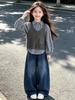 2026 Korean Style Girls' Puff Sleeve Plaid Three-Piece Set: Vest, Shirt, and Cowboy Cropped Pants