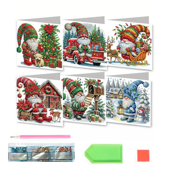 6 Pcs DIY Rhinestone Art Painting Cards Christmas Greeting Card Making Kit with Envelopes 5D Snowman Cat Deer Rhinestone