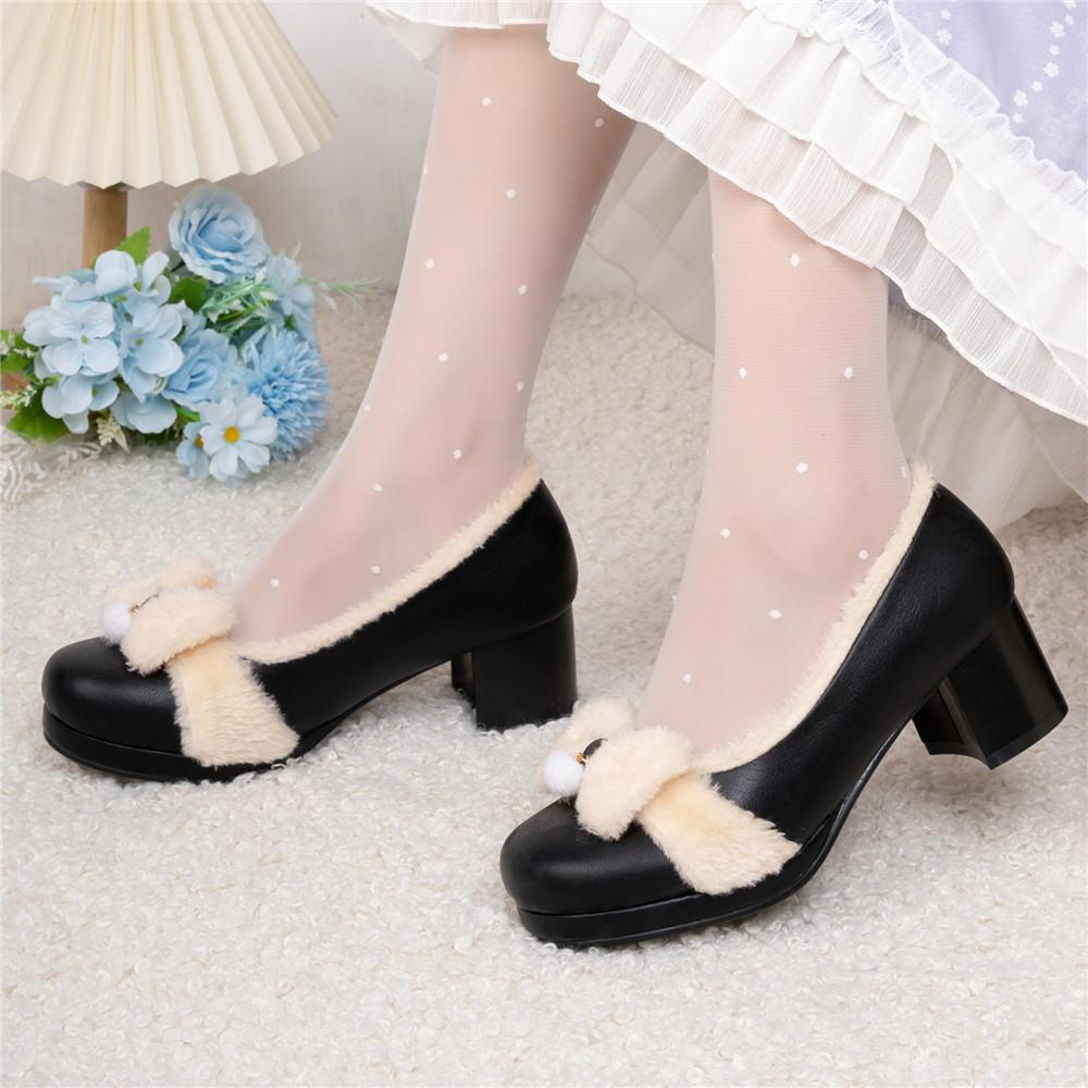 Fashion 2025 Autumn Winter Woman Med Heel Lolita Shoes Faux Fur Cute Bow Mary Jane Pumps Bride Wedding Cosplay Party Beige Pink Black
