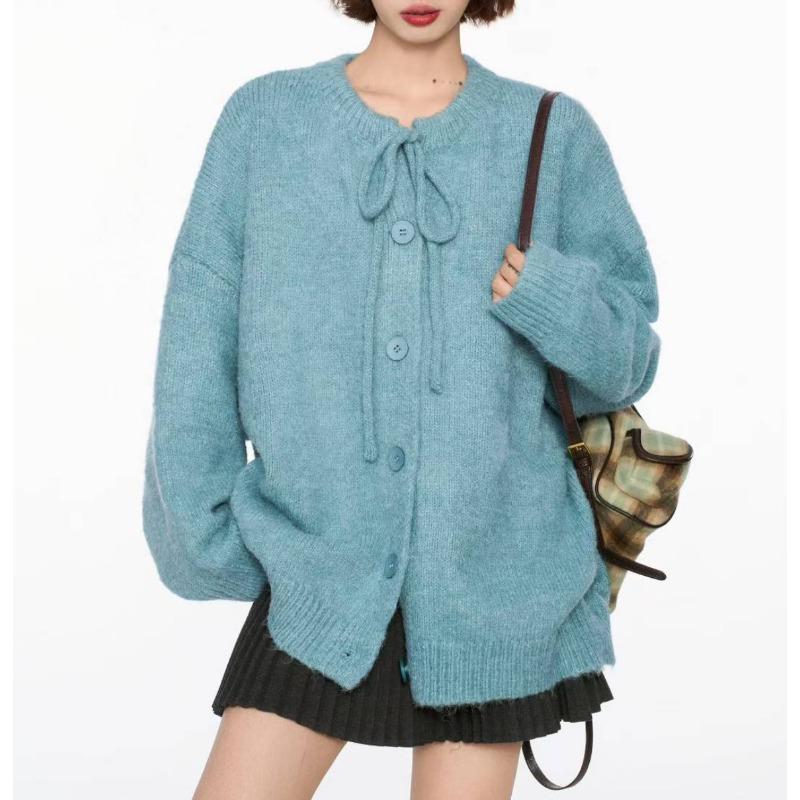 Autumn and Winter Retro Lace-up Sweater Jacket Women's Loose Lazy Style New Knitted Cardigan Top Women