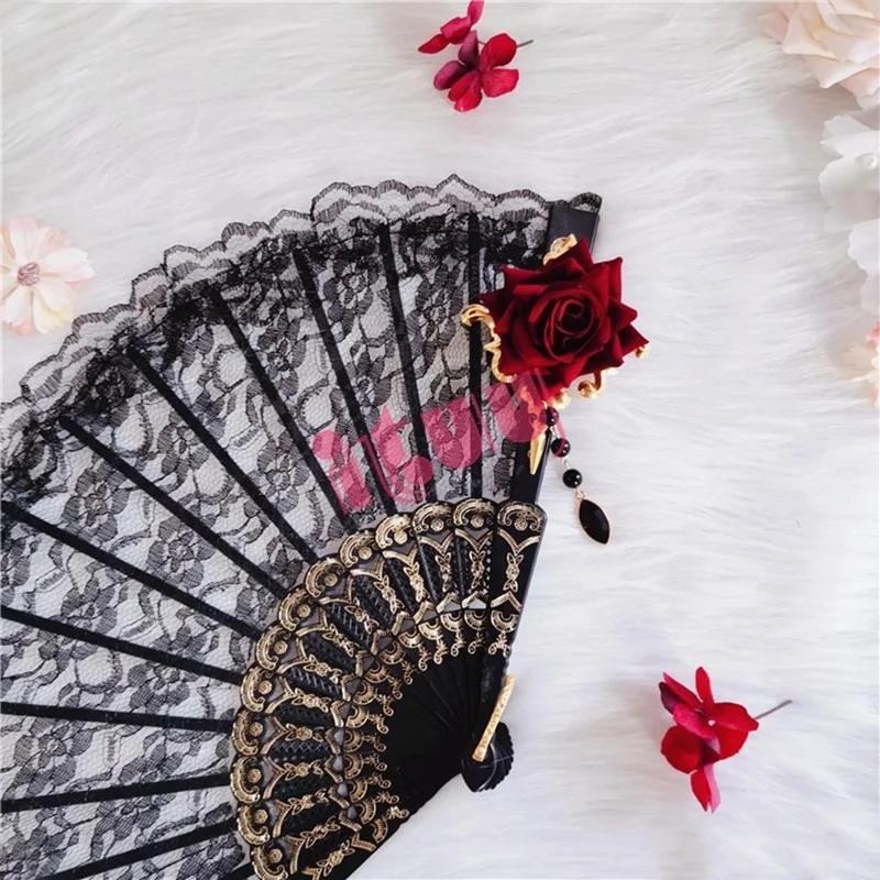 Lolita Cosplay Hand Held Fan Gothic Angel Wing Feather Rose Bead Chain Lace Flower Black Folding Fan Dance Photo Props Halloween