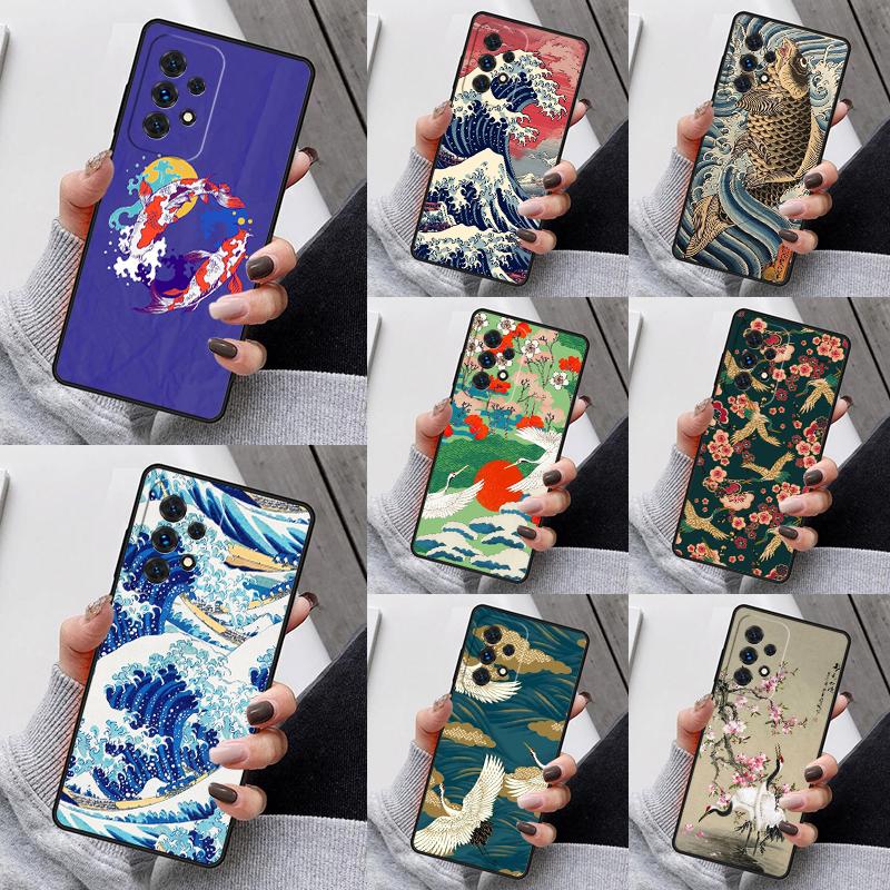 Carp Waves Crane and Brocade Phone Case For Samsung Galaxy S25 S23 S30 S8 S21 S20 FE S24 S22 Note 10 20 Plus lite Ultra