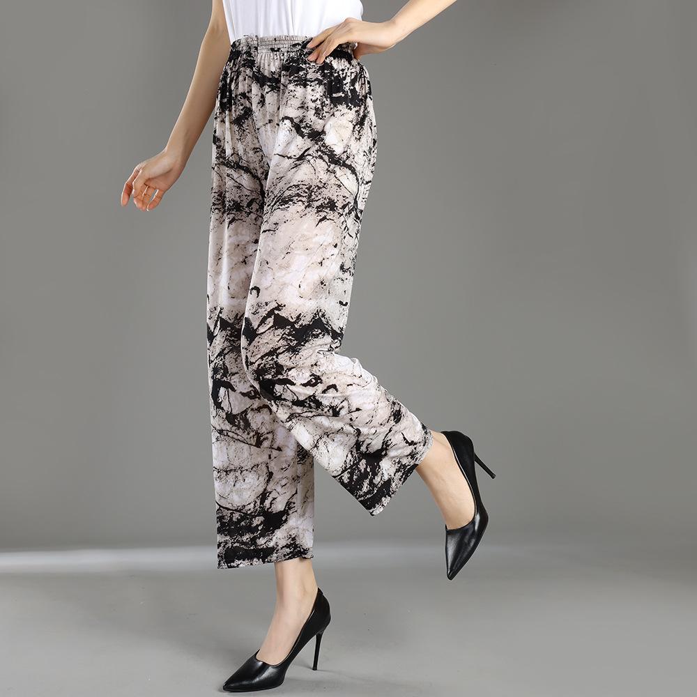 Floral Ice Silk Wide-Leg Pants for Women - Airy, Casual, Nine-Tenths Length