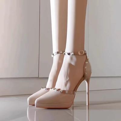 Temperament Sandals Female Sexy Waterproof Table High Heels Thick Heel Female Royal Sister College Air Dry Pointed Versatile Nude Rivets