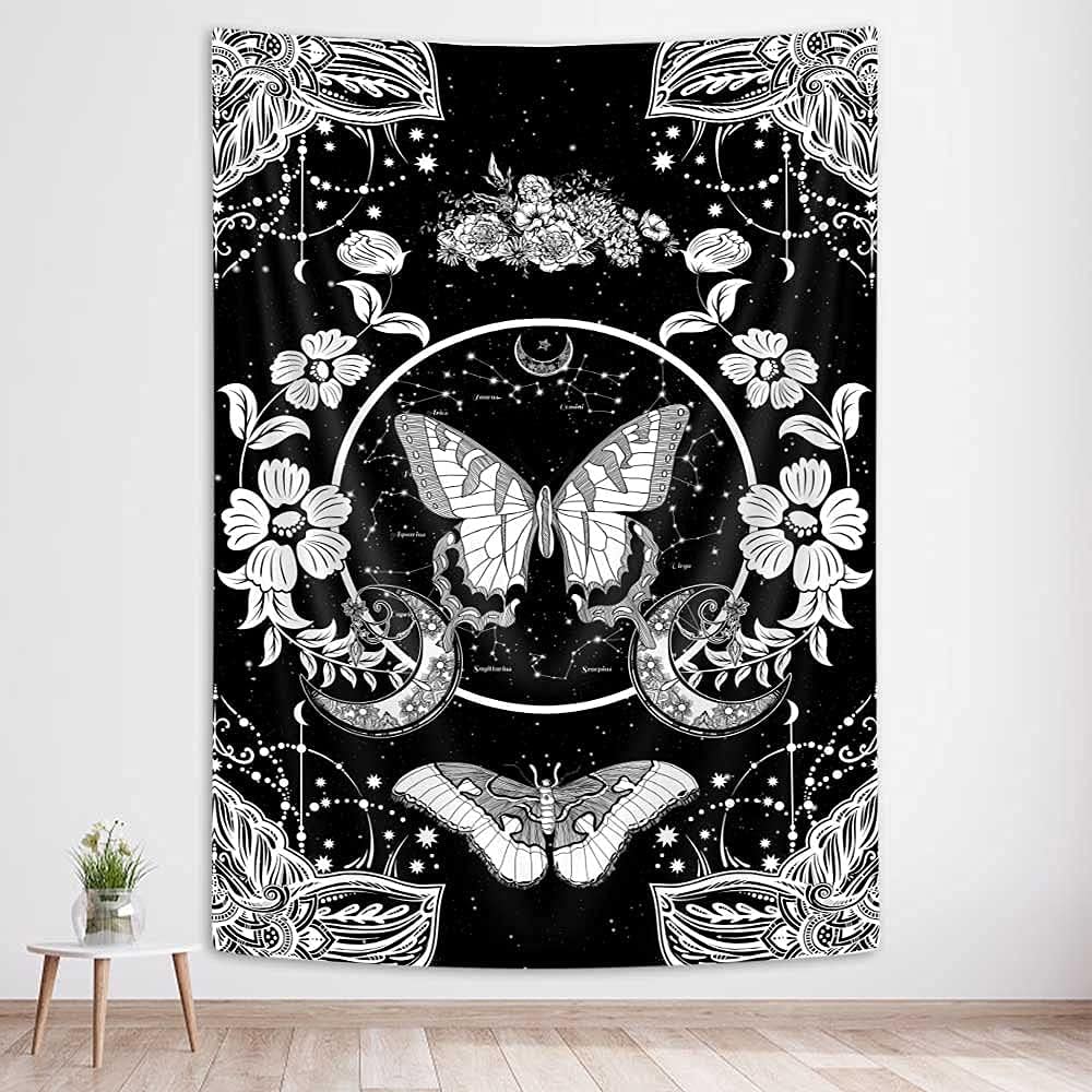 Flower and Butterfly Vertical Tapestry, Black and White Aesthetic Tarot Wall Tapestry, Moon and Stars Floral Tapestries Bedroom