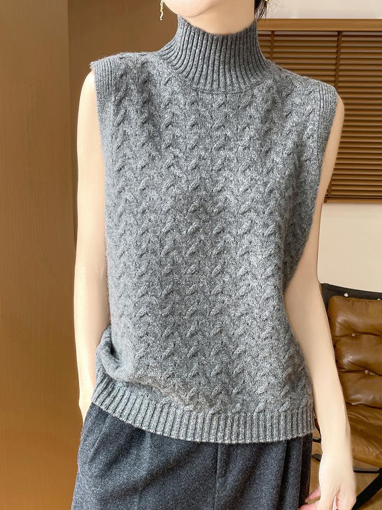 Women's 100% Pure Wool Half-Turtleneck Cable-Knit Sleeveless Sweater Vest for Autumn/Winter