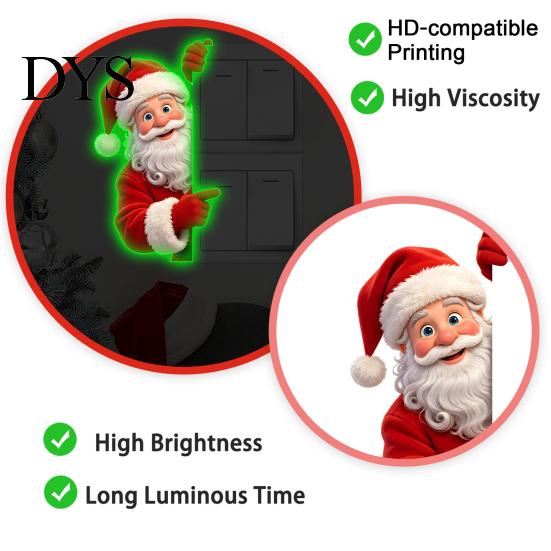 Nighttime Guidance Holiday Ornaments Glow in The Dark Santa Claus Switch Sticker, Decorative PVC Luminous Wall Decal for Christmas Removable Seasonal