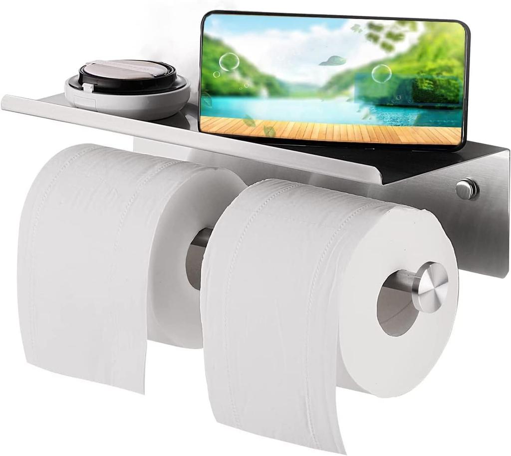 Antidrop Toilet Roll Holder, Double Roll Toilet Paper Holder with Phone Shelf, 8K Mirror SUS304 Stainless Steel, Wall Mounted
