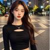 Chic Black Hollow-Out Long-Sleeve Top for Spring & Autumn – Trendy, Sexy, Versatile Women's Shirt