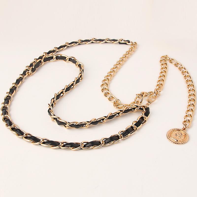 Fashionable and Versatile European and American Portrait Pendant Metal Leather Woven Waist Chain for Women Sweet and Cool Sexy Decoration Waist Chain