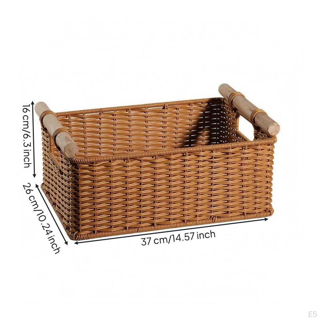 Rectangular Open Top Basket Reinforced Rattan Storage Wood Look Handles Walnut Flat