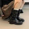 Autumn and winter belt buckle new boots boots thick heel warehouse tube belt buckle stack French retro round head Spice girl wrinkled and thin