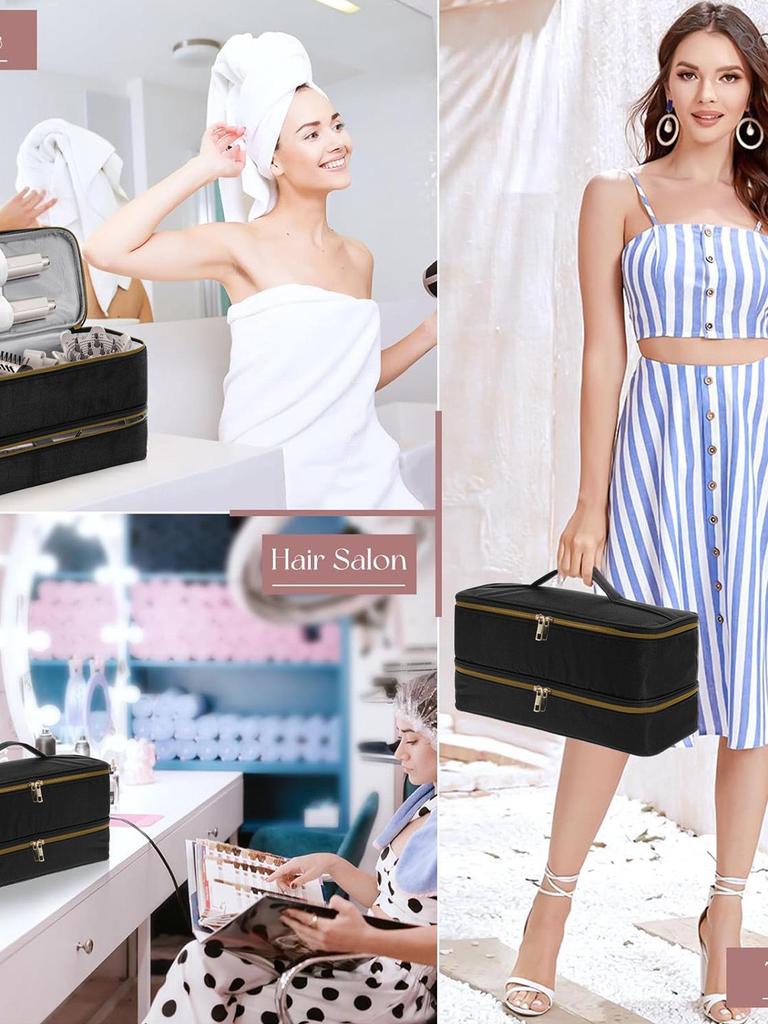 PU Double Layer Hair Dryer & Curling Iron Storage Bag - Large Capacity, Portable, Multi-functional Makeup Handbag with a High-end Feel.